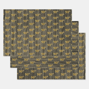 Feuille De Papier Cadeau Finition bois rustique faux, élégant "90th" or fau