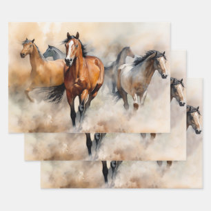 Feuille De Papier Cadeau "Five Wild Mustangs" Aquarelle Occidentale Dusty