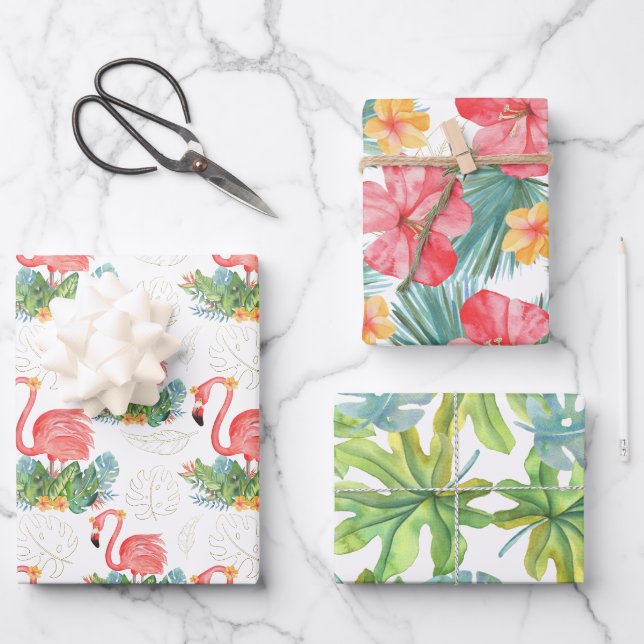 Feuille De Papier Cadeau Flamant rose Et Fleurs Roses Tropiques (Recto)