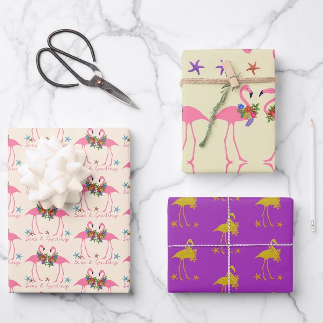 Feuille De Papier Cadeau Flamant rose Mer et voeux Noël (Recto)