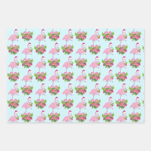 Feuille De Papier Cadeau Flamant rose rose en Santa Hat avec Sucre de canne