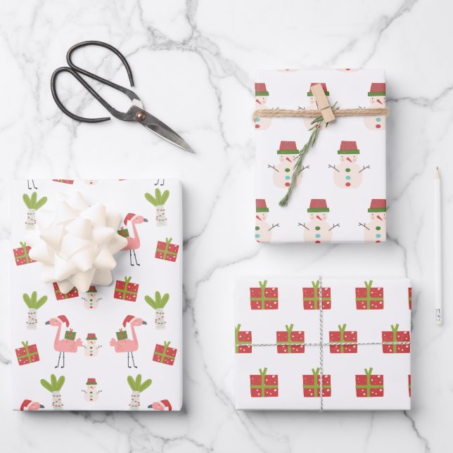 Feuille De Papier Cadeau Flamant rose rose Noël Snowman rose blanc rouge (Recto)
