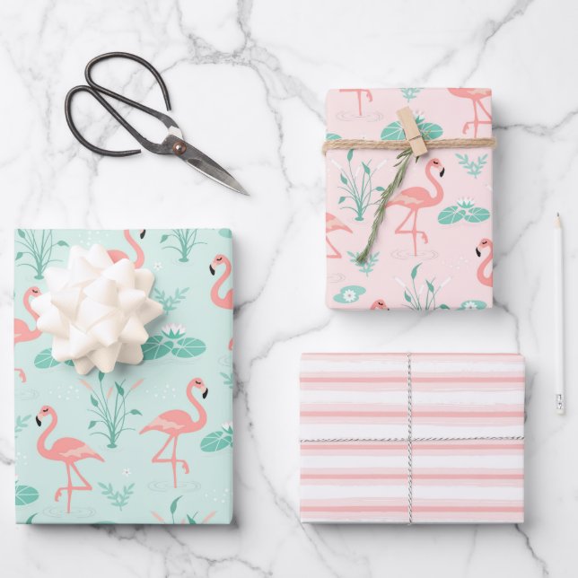 Feuille De Papier Cadeau Flamant rose rose rayures Accent Turquoise Toutes  (Recto)