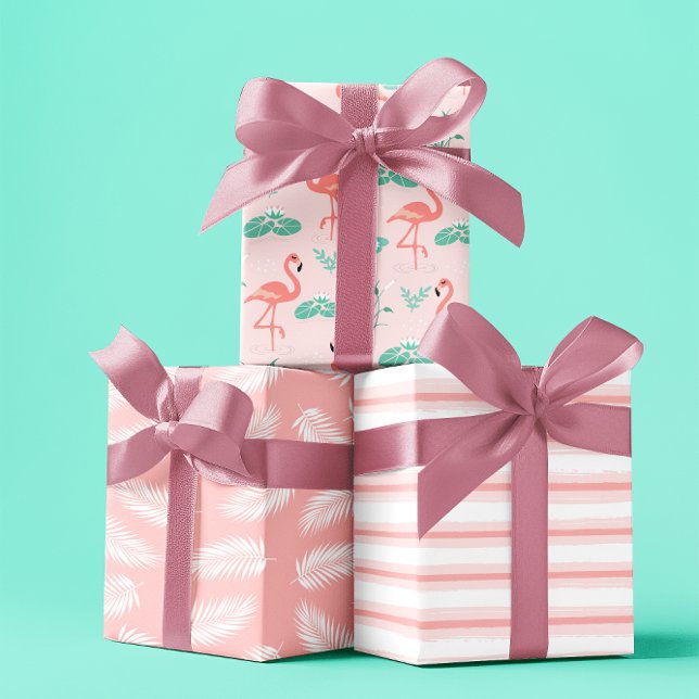 Feuille De Papier Cadeau Flamant rose tropical d'été rose pastel ensemble 3 (Summer tropical Flamingo pastel pink set of 3 Wrapping Paper Sheet)