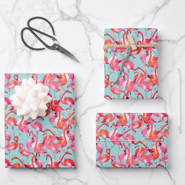 Feuille De Papier Cadeau Flamants roses aquarelle rassemblés (Recto)