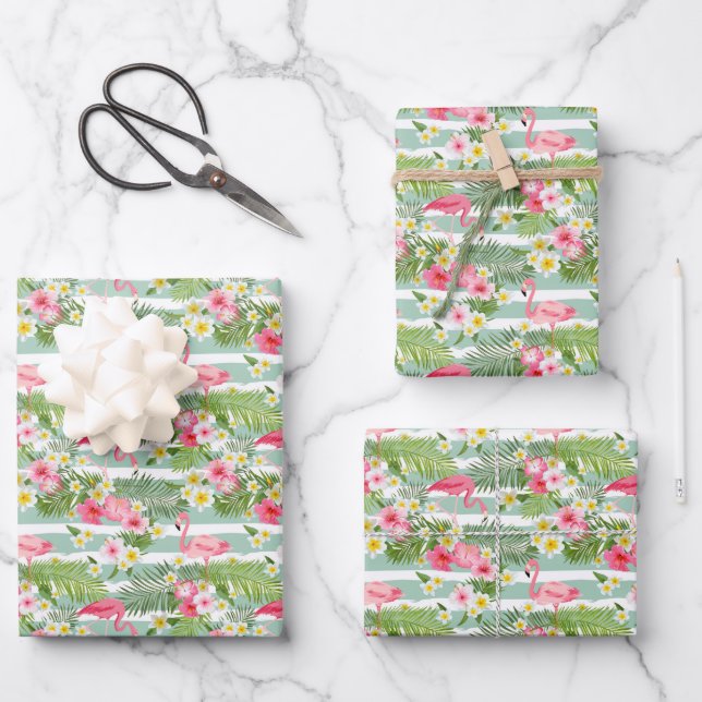 Feuille De Papier Cadeau Flamants roses Et Rayures (Recto)