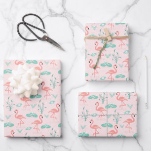 Feuille De Papier Cadeau Flamants roses Palmiers verts Tropicaux