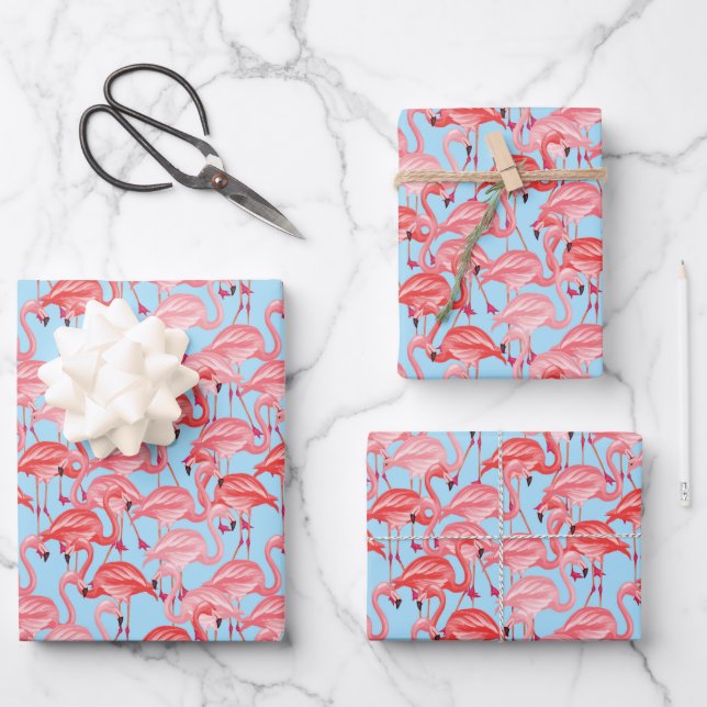 Feuille De Papier Cadeau Flamants roses Roses Clairs Sur Bleu (Recto)