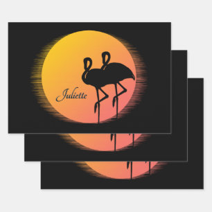 Feuille De Papier Cadeau Flamants roses Sunset personnel avec nom
