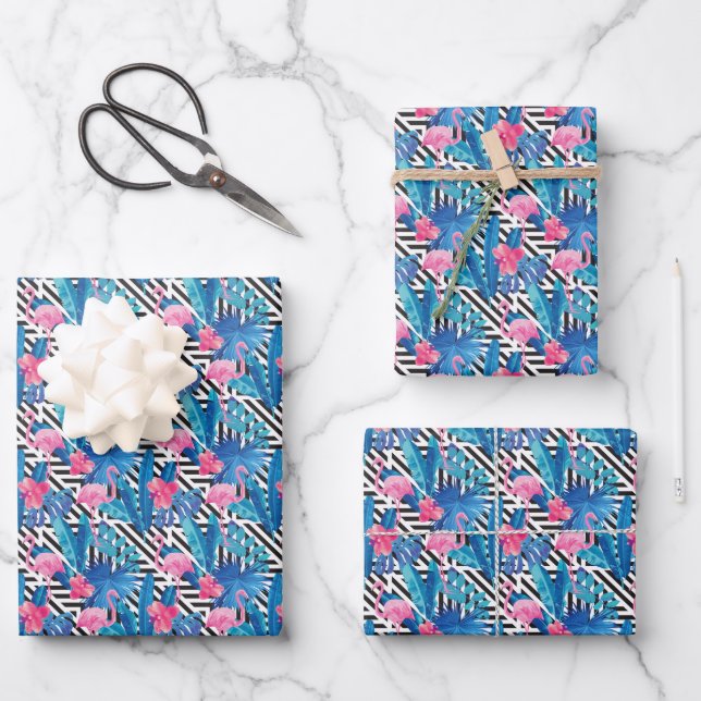 Feuille De Papier Cadeau Flamingo & Palms on Geometric Pattern (Recto)
