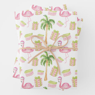 Feuille De Papier Cadeau Flamingo Rose Aquarelle Noël Plage