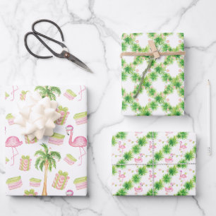Feuille De Papier Cadeau Flamingo Roseau Aquarelle Noël Plage