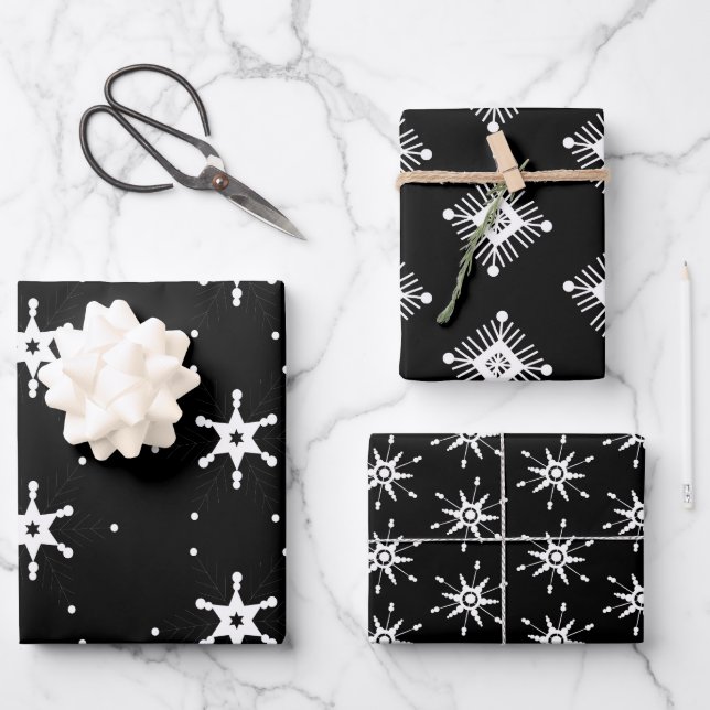 Feuille De Papier Cadeau Flammes de neige géométriques Noël Noir Blanc (Recto)
