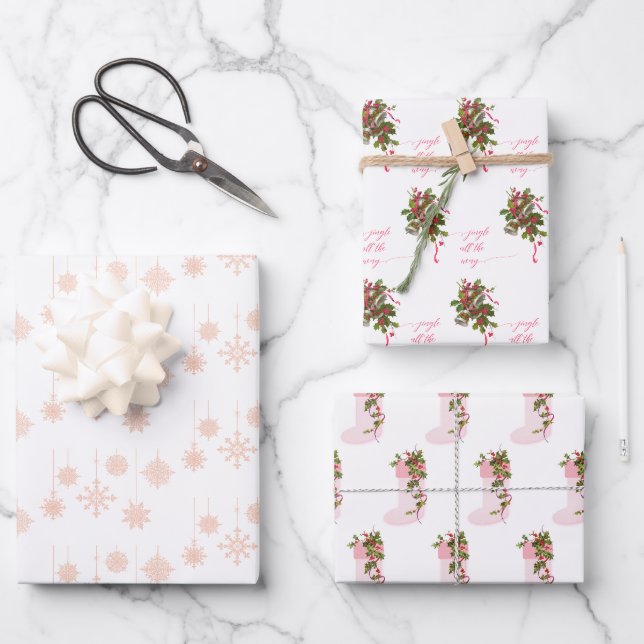 Feuille De Papier Cadeau Flammes de neige roses, Bas et cloches (Recto)