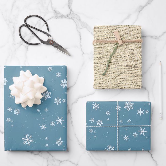 Feuille De Papier Cadeau Flammes de Noël Rustique Beige Bleu (Recto)