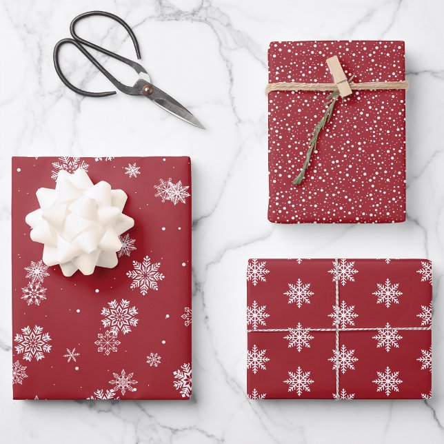 Feuille De Papier Cadeau Flammes rouges (White Snowflakes on Red Holiday Wrapping Paper Sheets by Painted Paperie
)