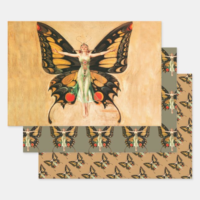 Feuille De Papier Cadeau Flapper Butterfly Flying Woman Illustration (Lot)