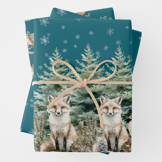 Feuille De Papier Cadeau Flèches de neige de l'arbre de Noël Fox (En situation)