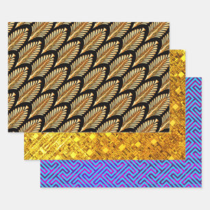 Feuille De Papier Cadeau Flèches d'or et échantillon de méandre bleu ciel