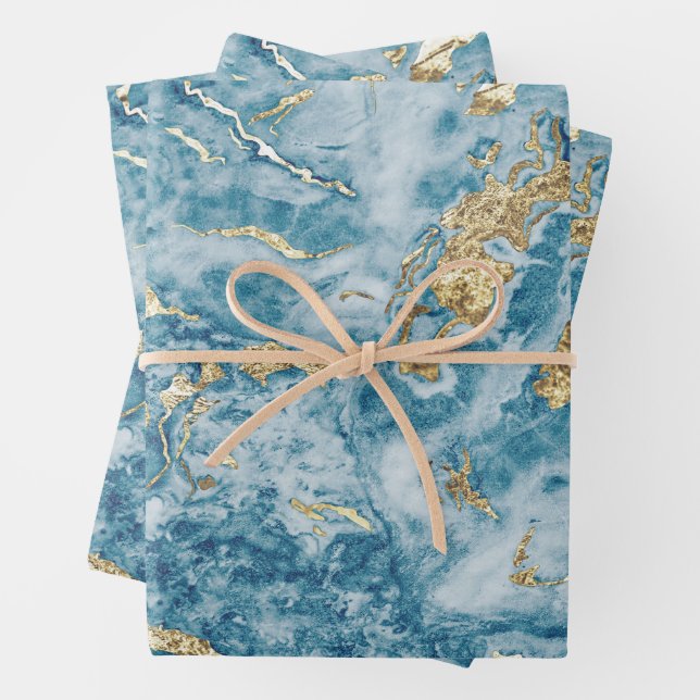 Feuille De Papier Cadeau Flèches marbrées Or bleu (En situation)