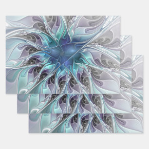 Feuille De Papier Cadeau Fleur Abstraite Fractale Moderne Avec Bleu