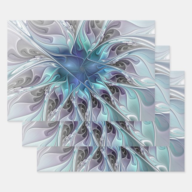 Feuille De Papier Cadeau Fleur Abstraite Fractale Moderne Avec Bleu (Lot)