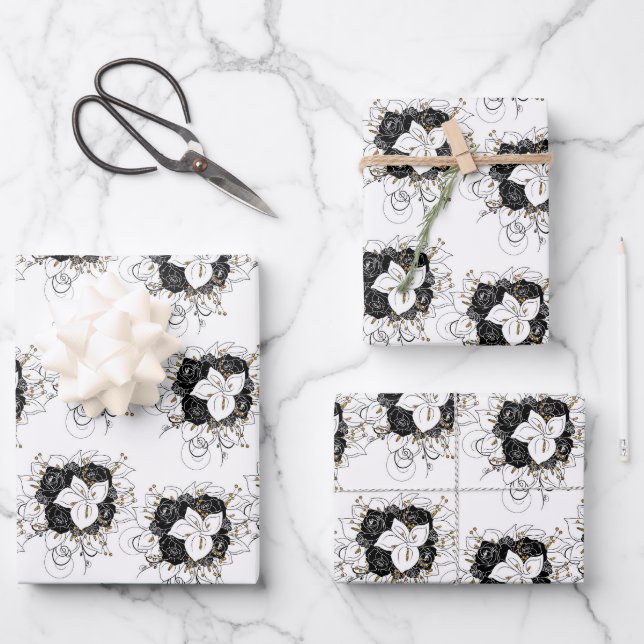 Feuille De Papier Cadeau Fleur blanche, noire et or (Recto)