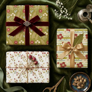 Feuille De Papier Cadeau Fleur botanique aquarelle rouge vert printemps TMF