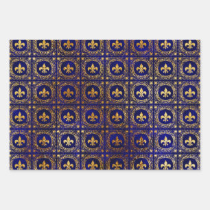 Feuille De Papier Cadeau Fleur de lis bleu et or