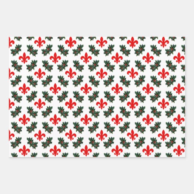 Feuille De Papier Cadeau Fleur de Lis et Holly Christmas (Devant)