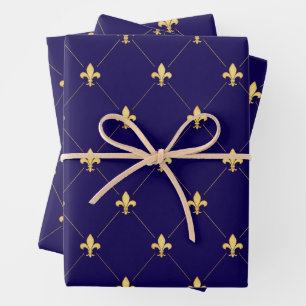 Feuille De Papier Cadeau Fleur-de-Lis or sur Midnight Blue