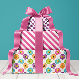 Feuille De Papier Cadeau Fleur de marguerite colorée rayures pois