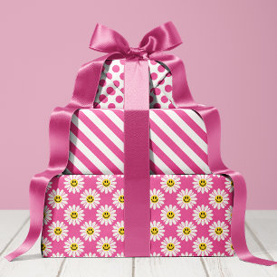 Feuille De Papier Cadeau Fleur de marguerite rose rayures pois