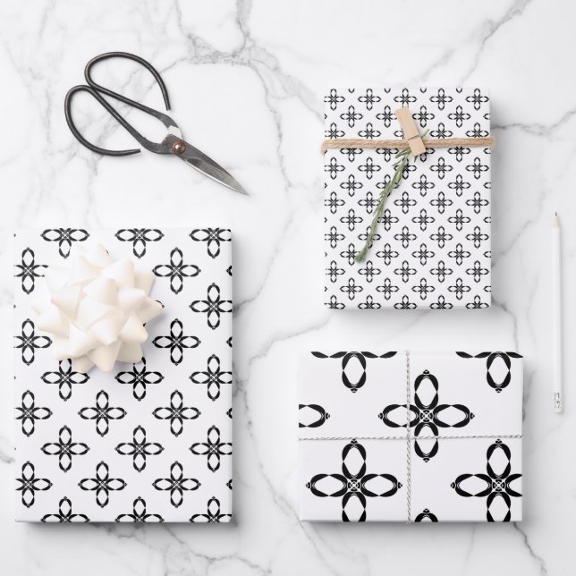 Feuille De Papier Cadeau Fleur de pingouin noir et blanc (Recto)