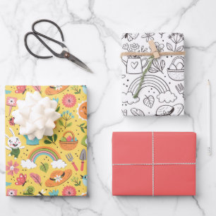 Feuille De Papier Cadeau Fleur de printemps mignon gribouillage noir et bla
