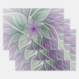 Feuille De Papier Cadeau Fleur de rêve, art fractal abstrait violet vert