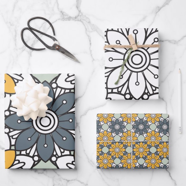 Feuille De Papier Cadeau Fleur d'été Motif gris jaune (Recto)