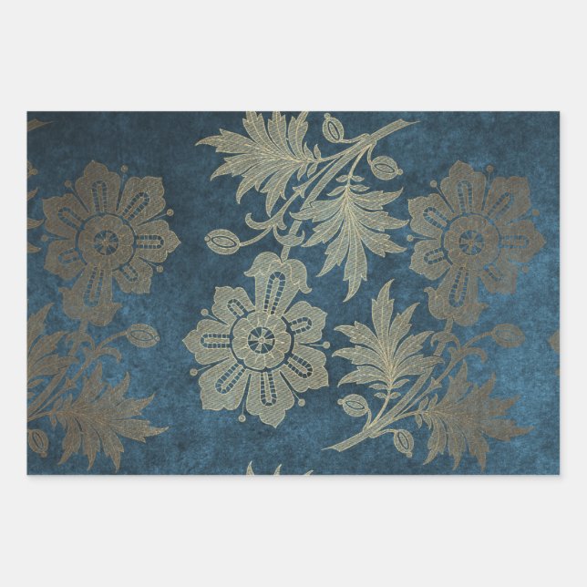 Feuille De Papier Cadeau Fleur d'or bleu profond et léger (Devant)