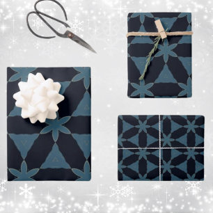 Feuille De Papier Cadeau Fleur géométrique de Noël bleu foncé et or