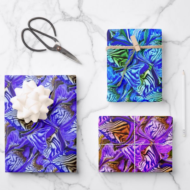 Feuille De Papier Cadeau Fleur Iris Violet / Abîmée / Carrelée / Filtres / (Recto)