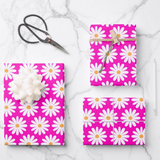 Feuille De Papier Cadeau Fleur marguerite rose et blanc (Recto)