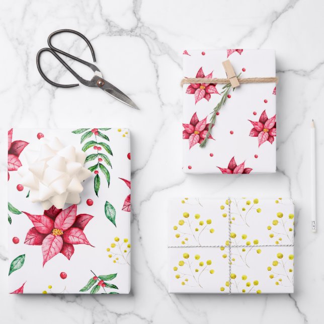 Feuille De Papier Cadeau Fleur moderne Poinsettia Aquarelle Noël (Recto)