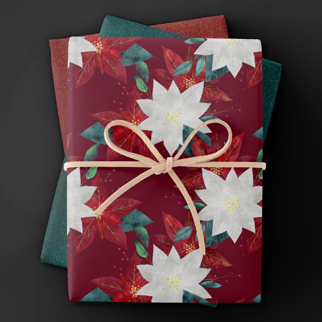 Feuille De Papier Cadeau Fleur Poinsettia Rouge et Vert Noël Floral (Créateur téléchargé)