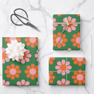 Feuille De Papier Cadeau Fleur rétro colorée Motif vert et rose
