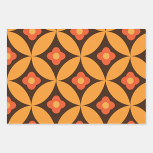 Feuille De Papier Cadeau Fleur rétro sur cercles orange de milieu de siècle