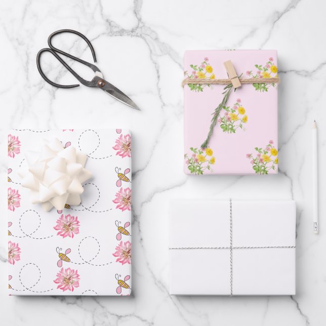 Feuille De Papier Cadeau Fleur sauvage rose d'abeille (Recto)