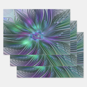 Feuille De Papier Cadeau Fleur verte abstraite moderne fractale violette