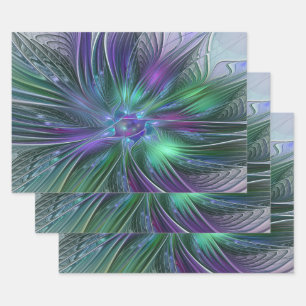 Feuille De Papier Cadeau Fleur verte abstraite moderne fractale violette
