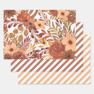 Feuille De Papier Cadeau Fleurs aquarelles orange rouille automne  