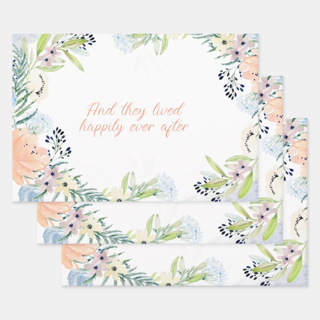 Feuille De Papier Cadeau Fleurs aquarelles pêche Cadre Personnalisé  (Lot)